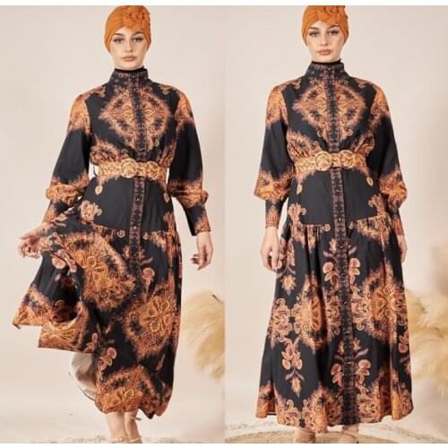 2021 new autumn Middle East womens Retro Printed Court Dress Dubai Celebrity Dress Party Dress Holiday Travel