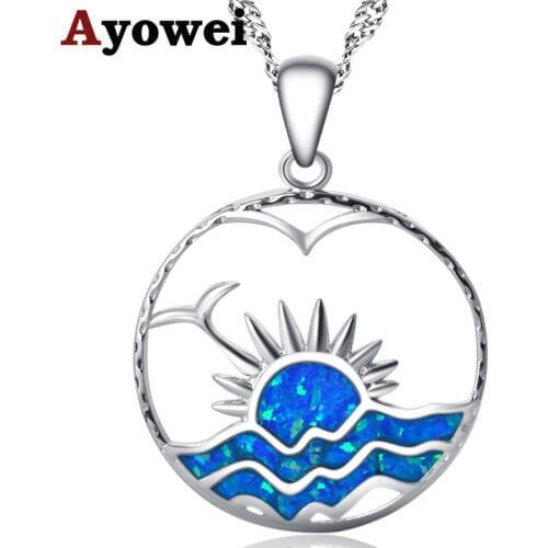 Ayowei party gift Round Sunset Amazing Blue Fire Opal Silver Stamped 925 Necklace Pendants for women dinner OP750A