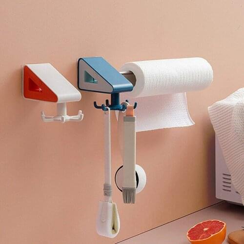 Traceless Adhesive Household Hooks Rotatable Six Head Multi-functional Hooks with Stainless Steel Rod