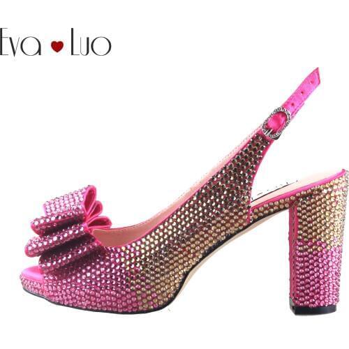 CHS1039 DHL Custom Made Fuchsia Pink Crystal Bow Slingbacks Block Heel Women Shoes High Heels Dress Pumps Bridal Wedding Shoes