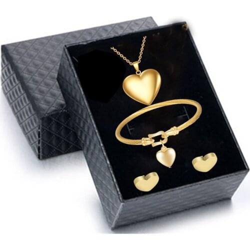 316L Stainless Steel Gold Love Heart Openable Necklace Earring Bracelet Set Wedding Jewelry Set Gift Box