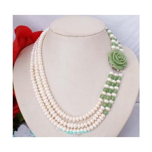 Luck Jewelry Women Wedding Pearl Necklace Fashion 3 Strands White Freshwater Pearl Green Jades Resin Flower Necklace