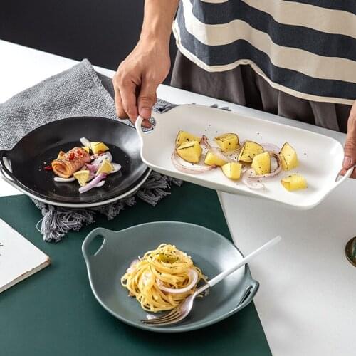 Nordic Matte Ceramic Plate Double Ear Household Plate Dim Sum Baking Plate Red Western Plate Square Plates Set Diner Plate