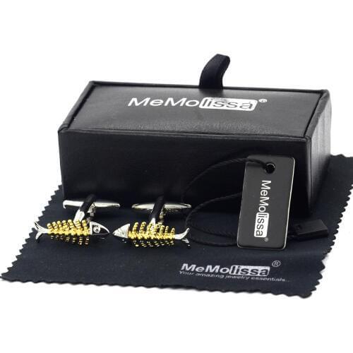 MeMolissa Display Box Novelty Gold Fish Bone Design Cufflinks Luxury High-grade jewelry Mens Cufflinks Free Tag & Wipe Cloth