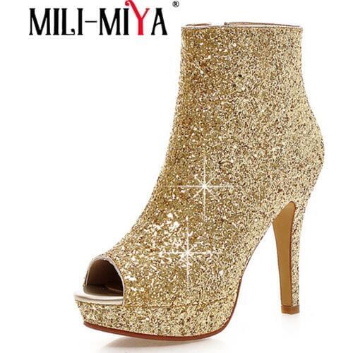MILI-MIYA Sexy Women Sandals Bling Leather Super High Thin Heels Zip Party Shoes Classic Handmade Plus Size 34-43 Hot Sale