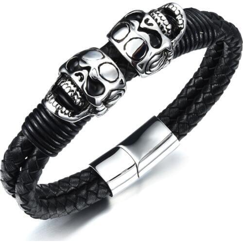 Fashion Men Jewelry Black Cuff Braided Leather Bracelet Skull Skeleton Stainless Steel Magnetic Buckle Clasp Christmas Gift