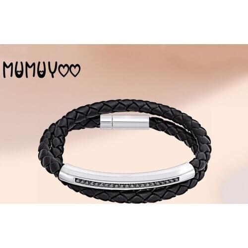 SWA Fashion Jewelry High Quality Charm Black Leather Woven Double Circle Bracelet Mens Dark Bracelet Men