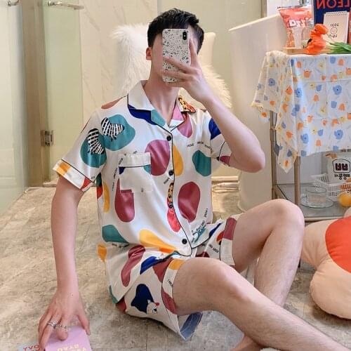 Plus Size Men Pajamas Set Satin Silk Short Sleeve + Short Pants Loungewear Cartoon Printed Turn-down Collar Sleepwear Nightwear