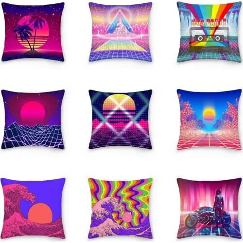 New Retro Style Cushion Cover Neon Grid Landscape And Purple Sun Pillowcase Big Wave Sofa Pillow Cover Home Decorative 45x45cm