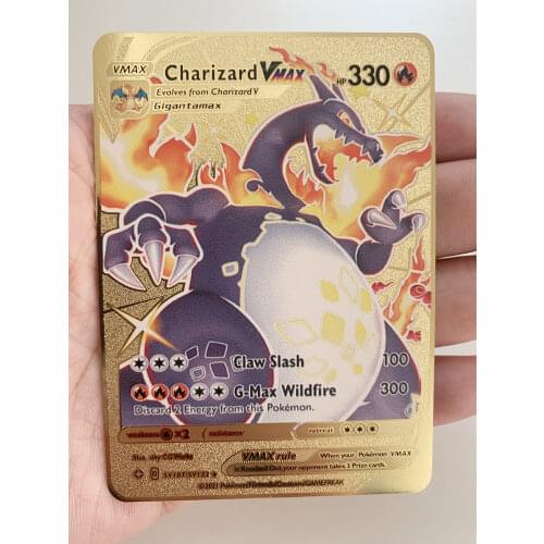 2021 New Pokemon Vmax Shiny Gold Dark Fire-breathing Dragon Metal Card Game Tag Team Fighting Order Series Childrens Toys