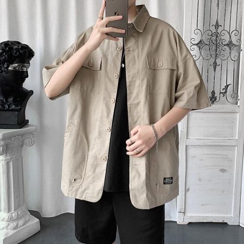 2021 Summer New Youth Popular Loose Solid Color Cotton Tooling Five-point Sleeve Shirt Fashion Casual Multi-pocket Jacket Coat