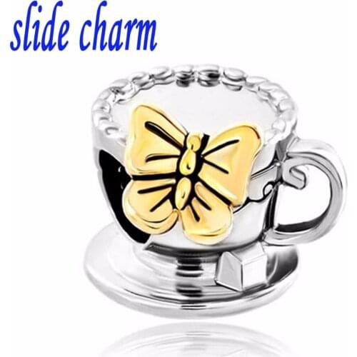 Wholesale Free shipping Glod Butterfly Charm Bracelet Coffee Cup Fit All Brands Bracelets fit Pandora bracelet