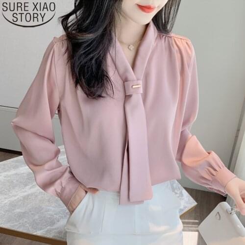 Autumn Chiffon Shirt OL Style Office Lady Long Sleeve Shirt Women Satin Shirt Loose V-neck Womens Tops and Blouses Clothes 10842