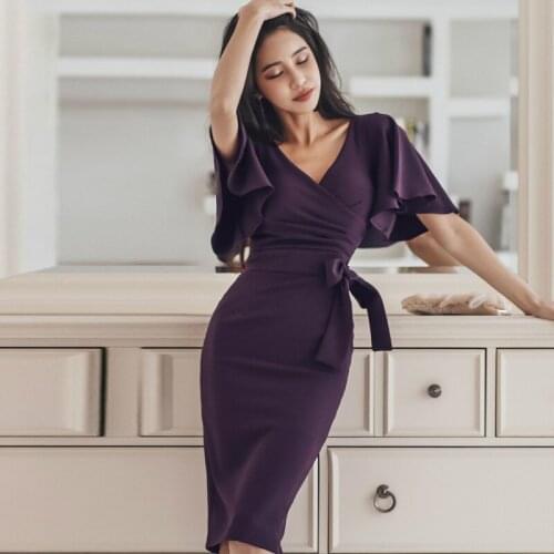 Sheer Womens Dresses New Arrival 2020 Short Sleeve Ruffle Bodycon Purple Dress Ladies Plus Size Summer Dress Casual Ropa Mujer
