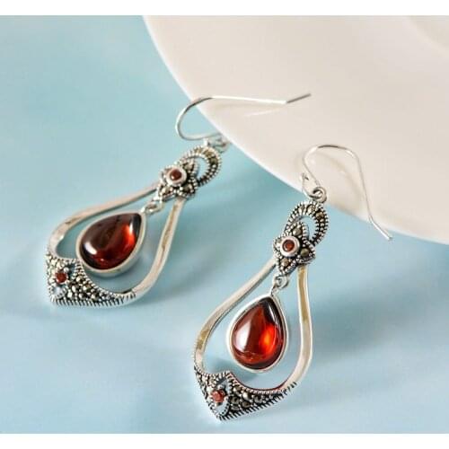 Real S925 Sterling Silver Retro Ethnic Style Garnet Drop Set Marcel Earrings Exquisite Commemorative Gift Jewelry