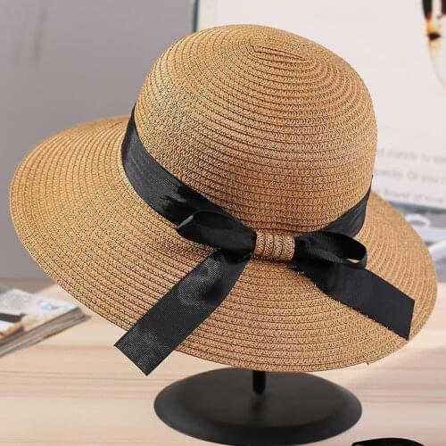 Hot Summer Hoilday Floppy Straw Hat Women Ladies Wide Brim Beach Foldable Bow Flower Straw Sun Hat Sun Cap