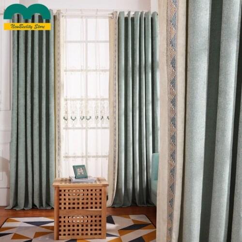 Plain Chenille Stitching Curtain Cloth Finished Girl Room Embroidered Shading Green Curtains for Living Dining Room Bedroom