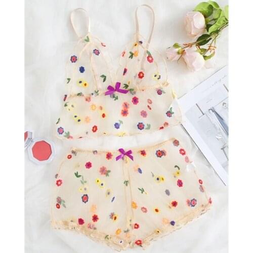 Female Sexy Floral Embroidered Mesh Lingerie Set Babydoll Sleepwear Women Sweet See Through Nightwear Underwear Camis+Shorts