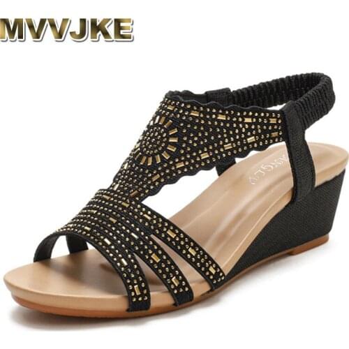 MVVJKE 2021 Summer Womens Sandals Wedges Casual Gladiator Sandals Luxury Crystal Gold Silver Beach Shoes Women Flip Flops