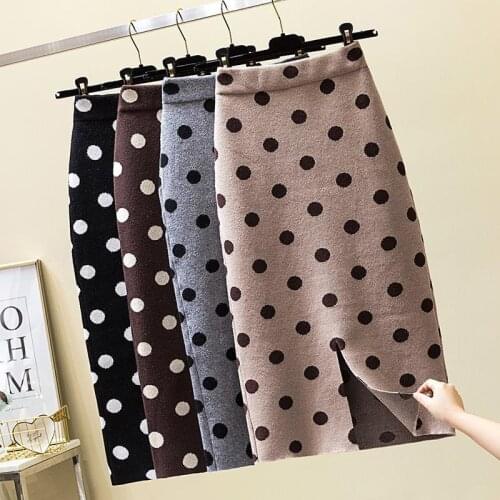 Women Knitted Polk Dot Pencil Skirts Female Autumn Winter High Waist Bodycon Vintage Split Thick Stretchy Knit Skirt Y991