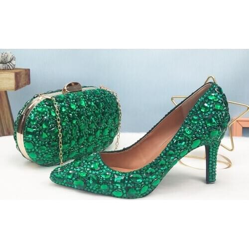 2020 New Arrival Green Pointed Toe Female Party shoe and Purse wedding shoes woman Fashion Thin Heel Shallow Crystal High Pumps