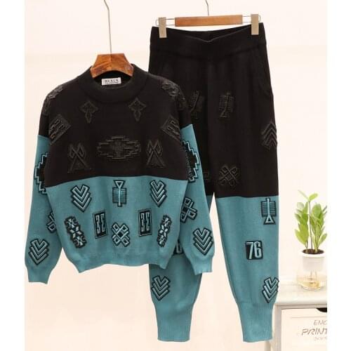2021 Autumn Sports Knit Set Women Patchwork Embroidery Sweater Long Pants Two Piece Outfits Female Casual Knitted Tracksuit 2pc