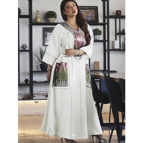 Sequins Embroidered Maxi Dress for Women Turkey Arabic V Neck Long Sleeve Jalabiya Muslim Islamic Ethnic Abaya 2021 Eid