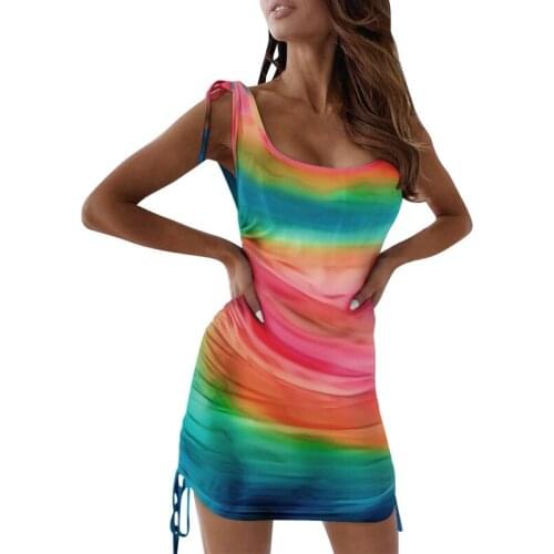 Womens Sexy Square Neck Low-Cut Ruched Tie Dress