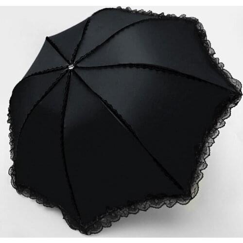Sun Protection Lace Umbrella Pink Black Fashion Compact Travel 3 Fold Strong Windproof Umbrellas Rain Women Girl Anti UV Parasol