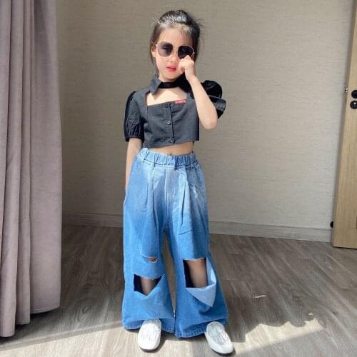 2021 Summer Girls Gradient Ripped Jeans Short Sleeve Bubble Sleeve Fashion Girl Inch Shirt Hollow Short Sleeve Inch Shirt