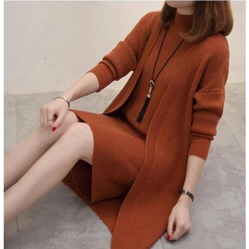 2021 Spring Autumn Women Clothing Knitted Long Sleeve Dress and Cardigan 2 Piece Set Female Outfits Knit Sweat Suit Set Y333