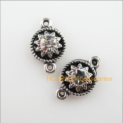 30Pcs Tibetan Silver Color Clear Crystal Flower Charms Connectors Pendants 6.5x11.5mm