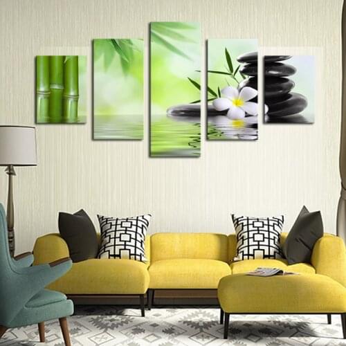 5 Piece Canvas Wall Art Green Bamboo Flowers Pictures Abstract Oil Painting Wall Pictures For Living Foom Canvas Print Framed