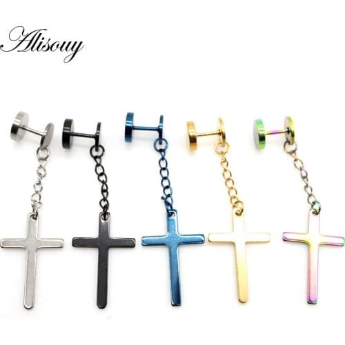 Alisouy 2pc Punk Gothic Stainless Steel Stud Earring Cross Round Fake Ear Taper Dumbbell Fashion Women Men Rock Jewelry