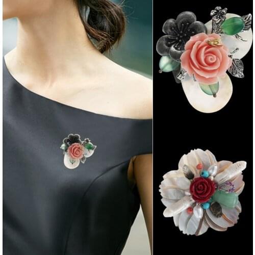 TDQUEEN Shell Women Brooches Jewelry Hand Made Flower Pins For Clothes Natural Stone Pearl Vintage Large Wedding Party Broches