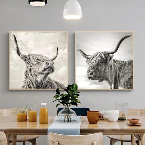 Black and White Highland Cow Wild Animals Canvas Painting Modern Posters and Prints Wall Art Pictures for Living Room Home Decor