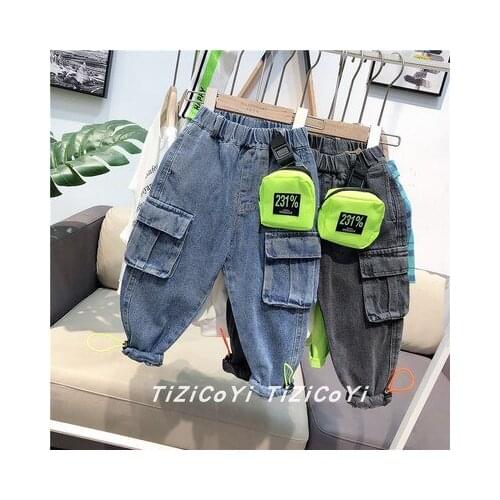 Boys Jeans 2021 Spring Korean Childrens Pocket Bag Trousers Kids Boys Casual Denim Pants Toddler Cowboy Trousers 2-7 Years