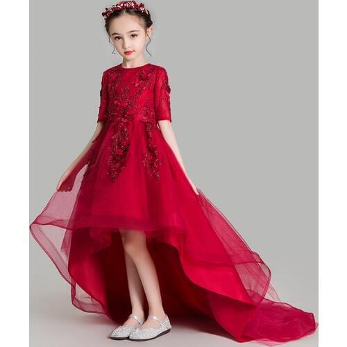Elegant Girls Princess Dresses Trailing Kids Evening Party Dress Red Appliques Tulle Princess Flower Girls Wedding Ball Gown