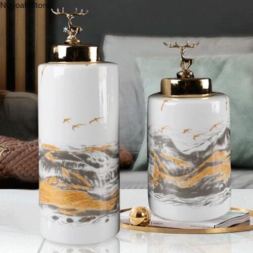 Chinese Style Light Luxury Mountain Painting Ceramic Storage Jar Vase Decoration Home Desktop Flower Arrangement Accessories