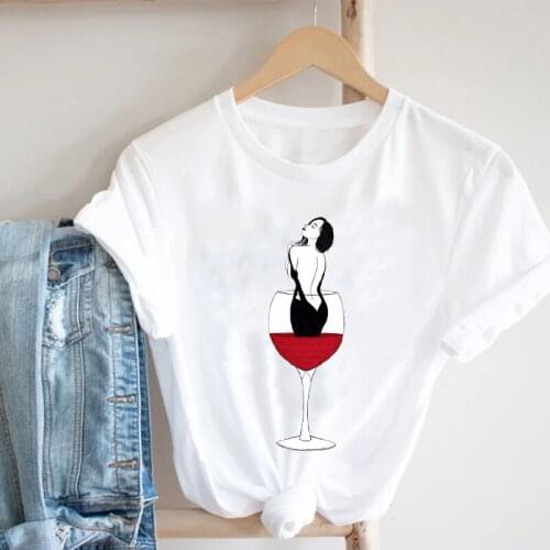Summer Womens Red Wine Glass Print Clothing Ladies Short-sleeved T-shirt Casual 90s Sexy Fashion Clothing Tee Graphic Top Women