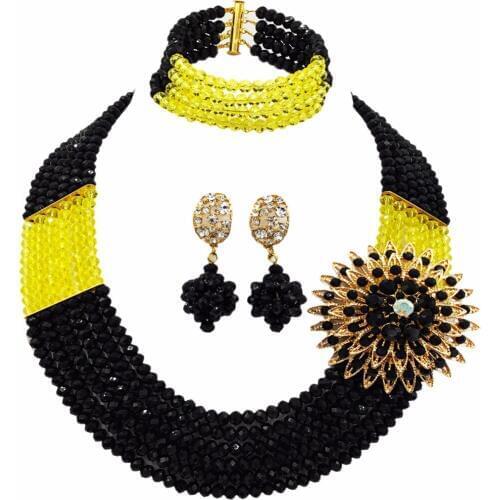 Fashion Black Yellow Bead Multi Strands Necklace Nigerian Wedding African Beads Jewelry Set Crystal 6-SS21