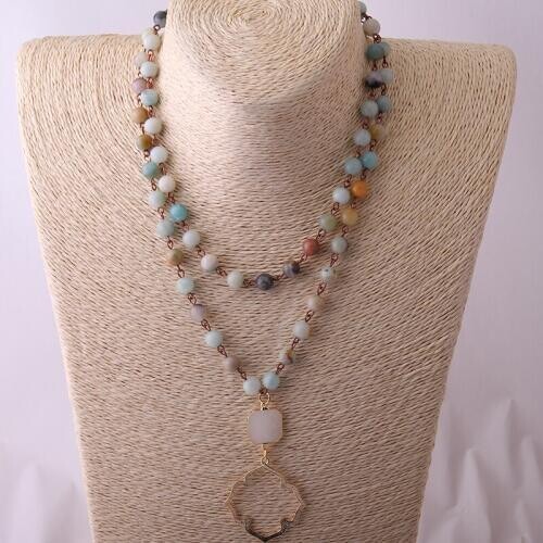 Fashion Amazonite Stones Bohemian Tribal Jewelry Crystal Flower of Life Pendant Necklace