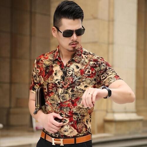 Floral Print Shirt Men 2017 Brand New Gold Bronzing Short Sleeve Fancy Flower Mens Dress Shirts