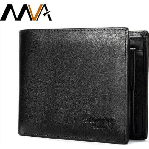 MVA Mens Genuine Leather Wallet Male Purse Bifold Mens Short Wallets With Coin Pockets Leather Purses For Men Engraving Wallets