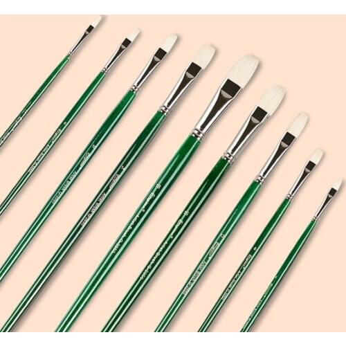 Green Long Pole Handle Art Paint Brush Set Flat-headed Pig Bristles Hair Handmade Brushes Pen Oil Brush Acrylic Paint Art Supply