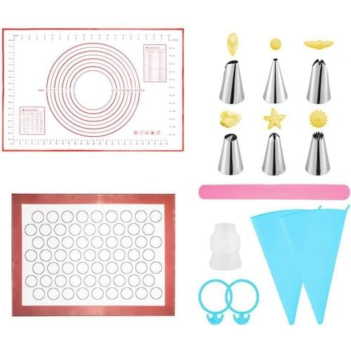 14Pcs/Set Silicone Baking Mats Kit with Macarons Mat Pastry Dough Rolling Pad 6 Piping Tips 2 Piping Bags 2 Bag Ties 1 Coupler