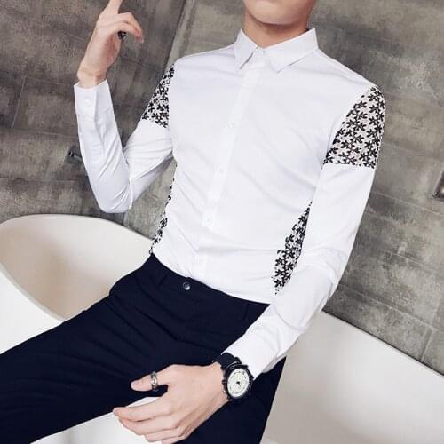 2021 New style Mens spring slim fit Lace hollow design Casual long-sleeved shirts//Male Hotel style Business shirt Black white