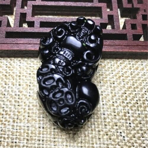 Chinese Natural Obsidian Black Jade Feng Shiu Dragon Pi Xiu Pendant Money Coin