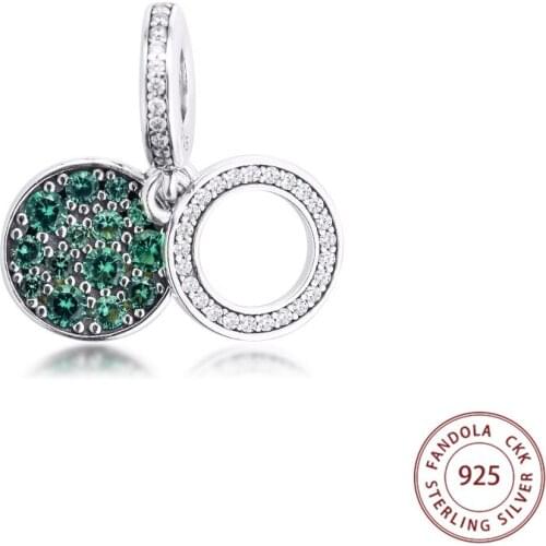 Fits Original Pandora Bracelet 925 Sterling Silver Sparkling Green Disc Double Dangle Charms Crystal Beads DIY Jewelry Making