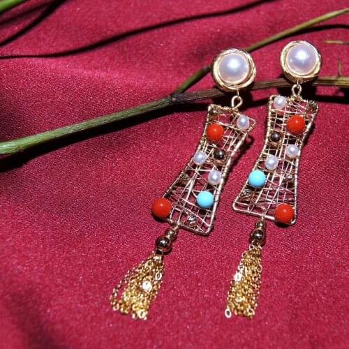 Retro Drop-Earrings with handpicked Real Freshwater Pearls and Corals,Tassels women earrings for wedding party decoration
